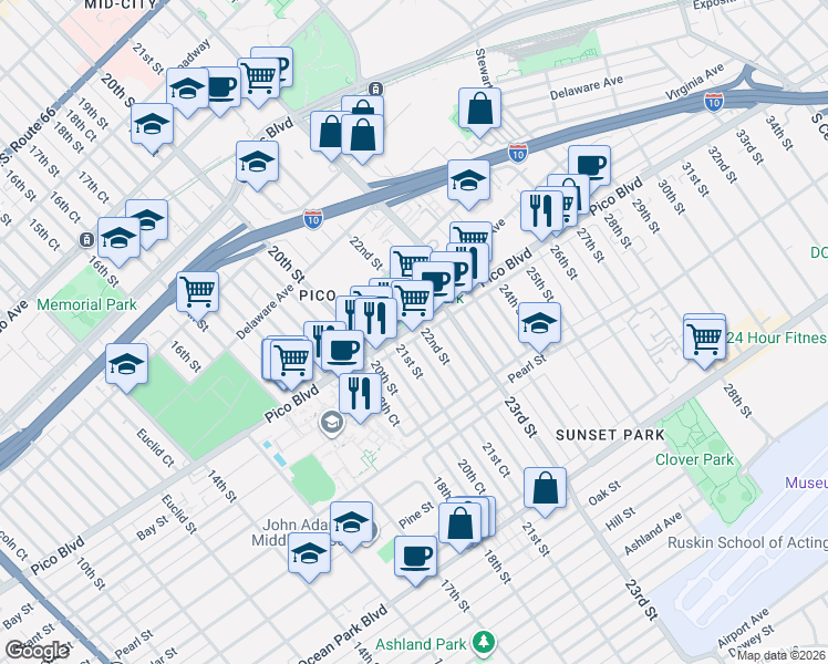 map of restaurants, bars, coffee shops, grocery stores, and more near 2122 Pico Boulevard in Santa Monica