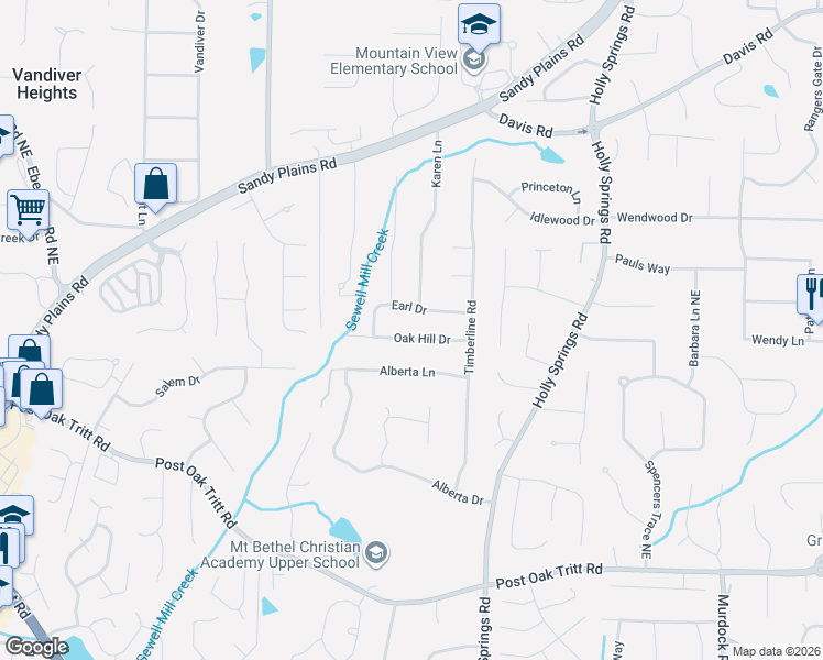 map of restaurants, bars, coffee shops, grocery stores, and more near 2589 Oak Hill Drive in Marietta
