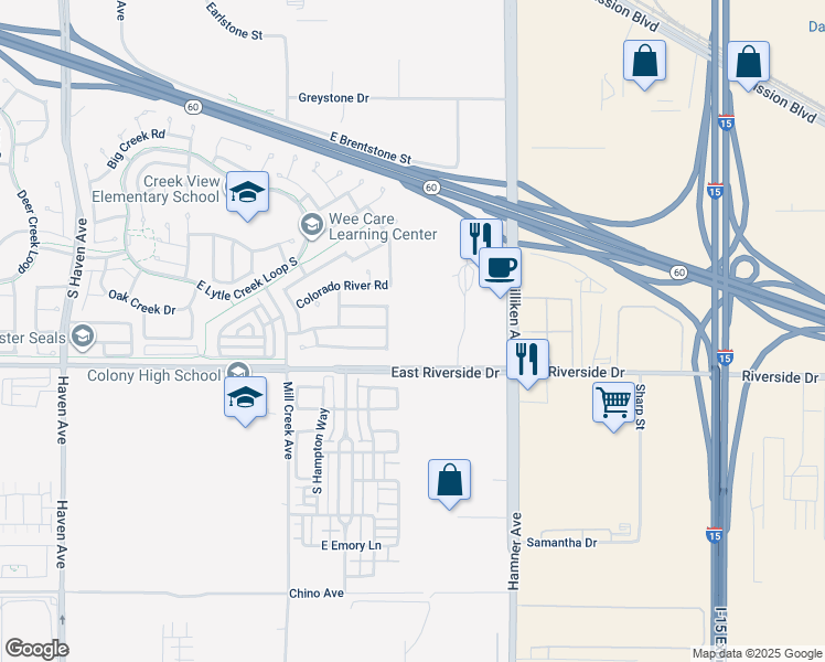 map of restaurants, bars, coffee shops, grocery stores, and more near 11130 East Riverside Drive in Ontario