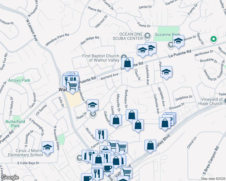 map of restaurants, bars, coffee shops, grocery stores, and more near 20410 Julliard Drive in Walnut