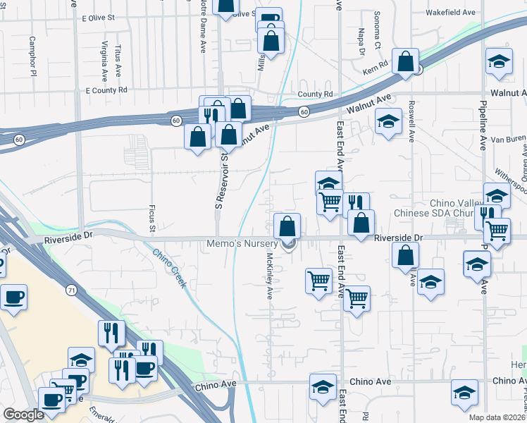 map of restaurants, bars, coffee shops, grocery stores, and more near 12818 McKinley Avenue in Chino