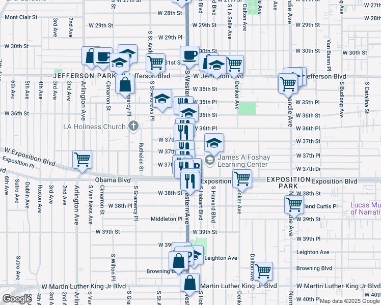 map of restaurants, bars, coffee shops, grocery stores, and more near 1653 West 37th Place in Los Angeles