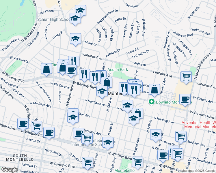 map of restaurants, bars, coffee shops, grocery stores, and more near 506 North 18th Street in Montebello