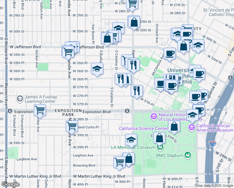 map of restaurants, bars, coffee shops, grocery stores, and more near 1146 West 37th Street in Los Angeles
