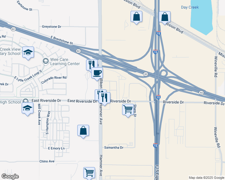 map of restaurants, bars, coffee shops, grocery stores, and more near 3768 South Milliken Avenue in Mira Loma