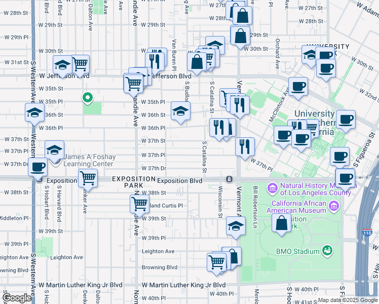 map of restaurants, bars, coffee shops, grocery stores, and more near 1248 1/2 West 37th Place in Los Angeles