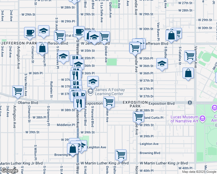 map of restaurants, bars, coffee shops, grocery stores, and more near 1561 West 37th Place in Los Angeles