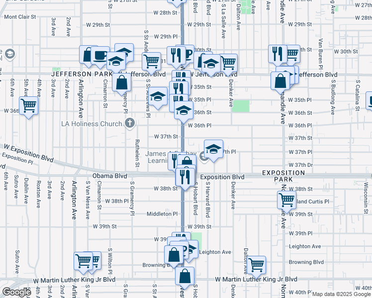 map of restaurants, bars, coffee shops, grocery stores, and more near 3720 South Western Avenue in Los Angeles