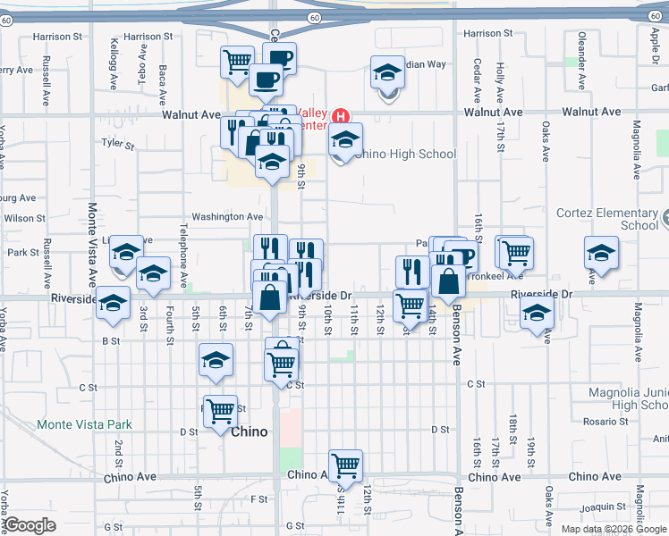 map of restaurants, bars, coffee shops, grocery stores, and more near 12850 10th Street in Chino