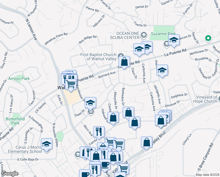 map of restaurants, bars, coffee shops, grocery stores, and more near 20410 Julliard Drive in Walnut