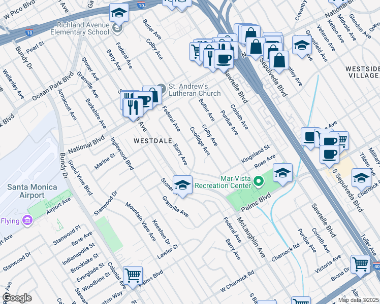 map of restaurants, bars, coffee shops, grocery stores, and more near 3215 Federal Avenue in Los Angeles