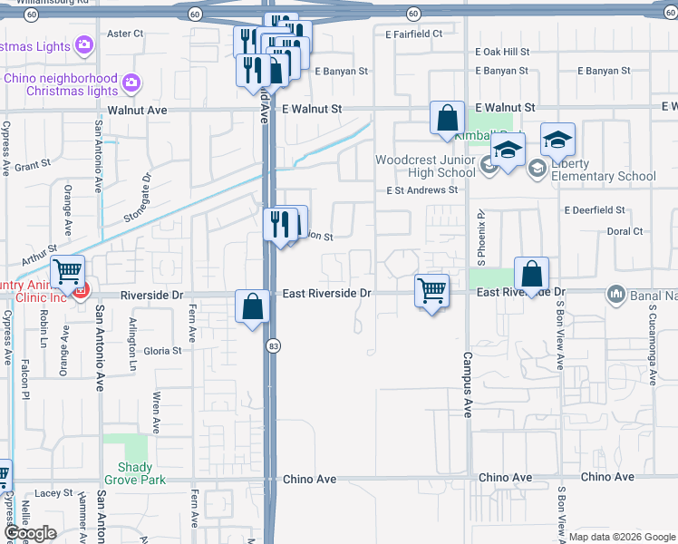 map of restaurants, bars, coffee shops, grocery stores, and more near 2940 Cherry Way in Ontario