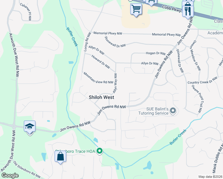 map of restaurants, bars, coffee shops, grocery stores, and more near 2699 Allyn Way Northwest in Kennesaw