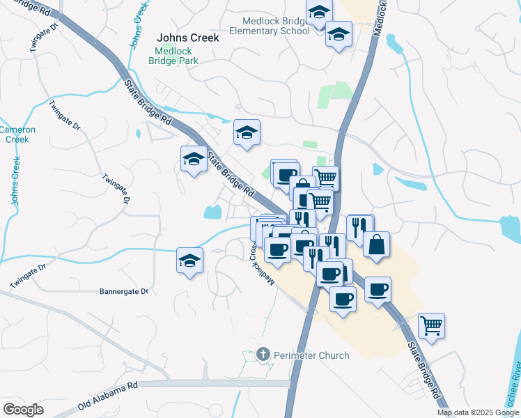 map of restaurants, bars, coffee shops, grocery stores, and more near 5686 Lawley Road in Alpharetta