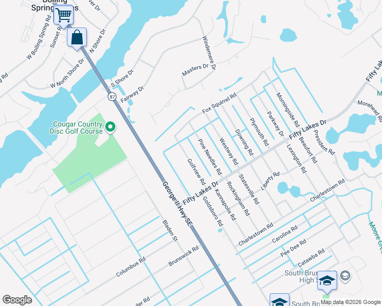 map of restaurants, bars, coffee shops, grocery stores, and more near in Boiling Spring Lakes