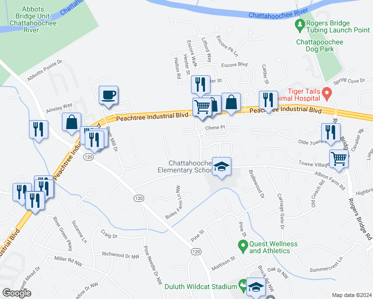 map of restaurants, bars, coffee shops, grocery stores, and more near 3080 Barnwood Crossing Northwest in Duluth