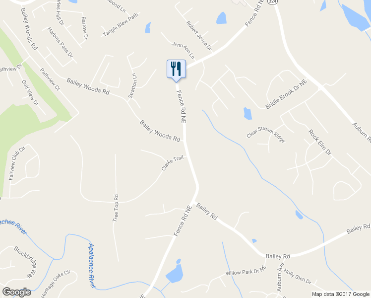 map of restaurants, bars, coffee shops, grocery stores, and more near 3145 Fence Road Northeast in Dacula