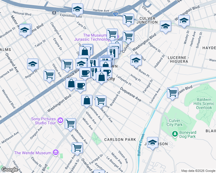 map of restaurants, bars, coffee shops, grocery stores, and more near 4029 Lincoln Avenue in Culver City