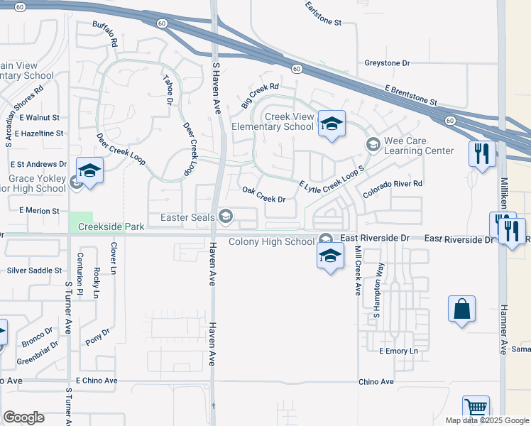 map of restaurants, bars, coffee shops, grocery stores, and more near 2926 South Tuolumne Place in Ontario