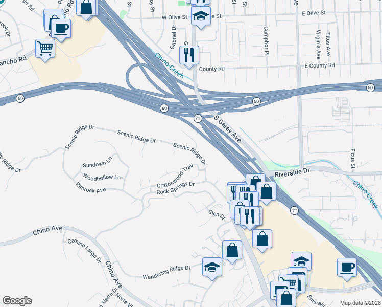 map of restaurants, bars, coffee shops, grocery stores, and more near 2545 Scenic Ridge Drive in Chino Hills