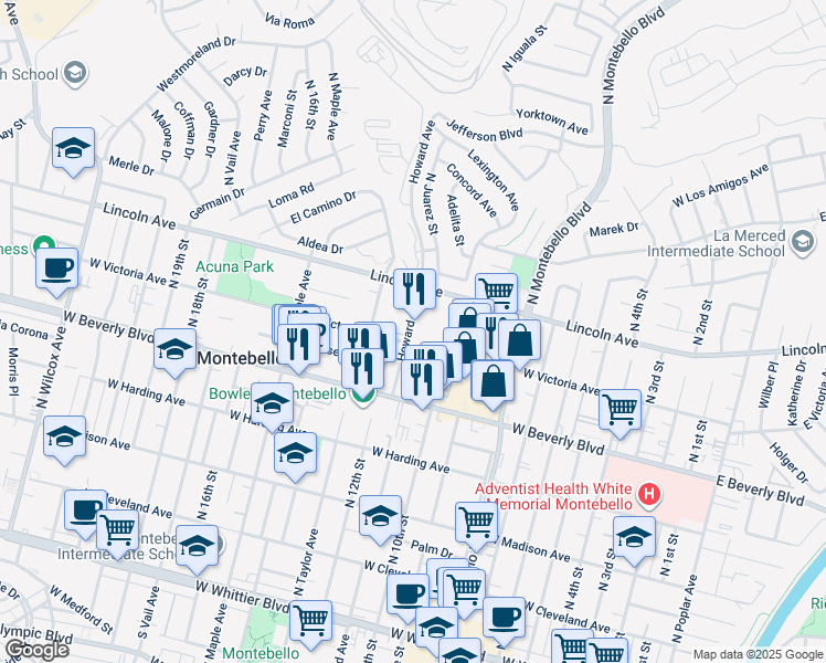 map of restaurants, bars, coffee shops, grocery stores, and more near 1200 West Victoria Avenue in Montebello