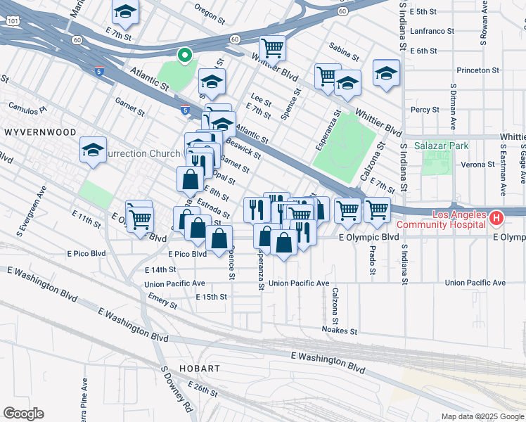 map of restaurants, bars, coffee shops, grocery stores, and more near 3526 East 8th Street in Los Angeles