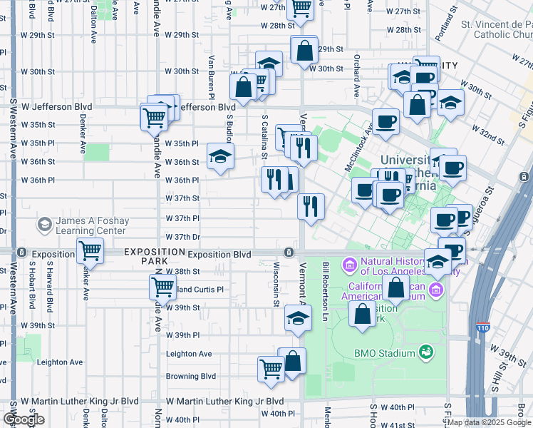 map of restaurants, bars, coffee shops, grocery stores, and more near 1146 West 37th Street in Los Angeles