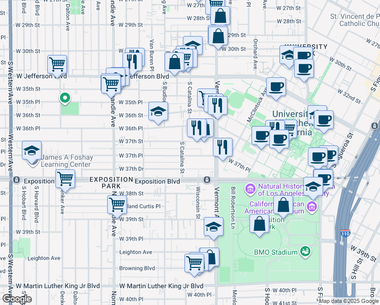 map of restaurants, bars, coffee shops, grocery stores, and more near 1205 West 37th Place in Los Angeles