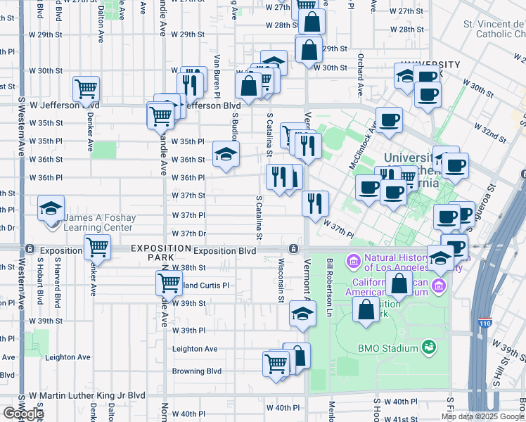 map of restaurants, bars, coffee shops, grocery stores, and more near 1205 West 37th Place in Los Angeles