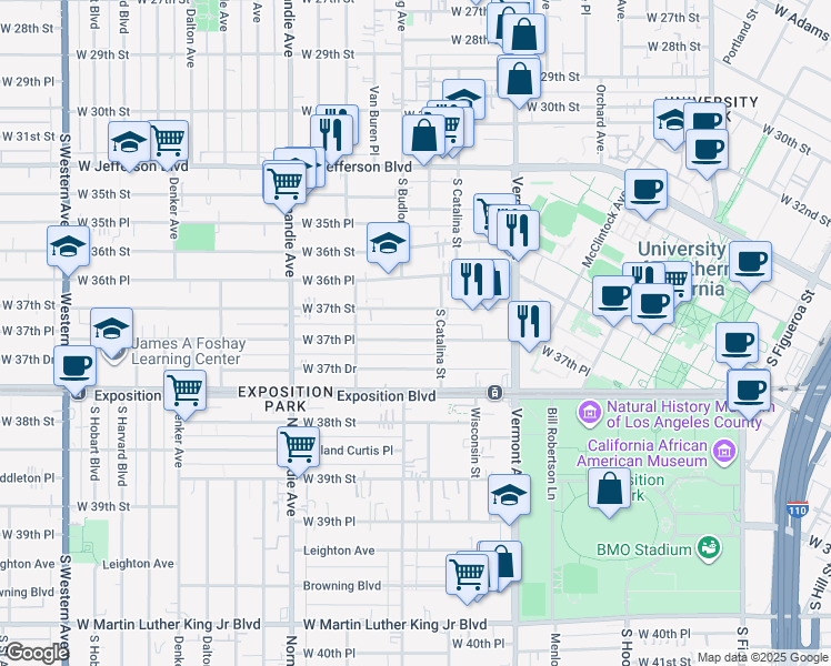 map of restaurants, bars, coffee shops, grocery stores, and more near 1248 1/2 West 37th Place in Los Angeles