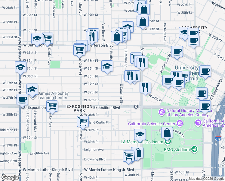 map of restaurants, bars, coffee shops, grocery stores, and more near 1248 1/2 West 37th Place in Los Angeles