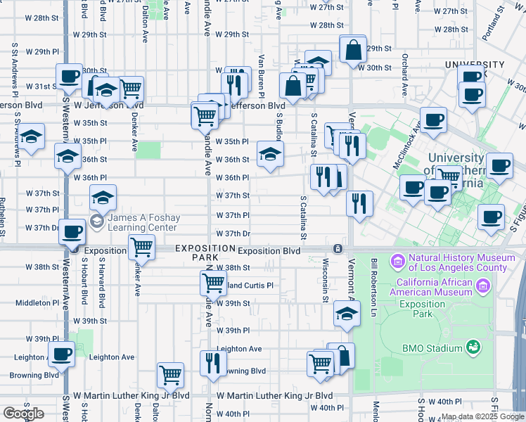 map of restaurants, bars, coffee shops, grocery stores, and more near 1299 West 37th Place in Los Angeles