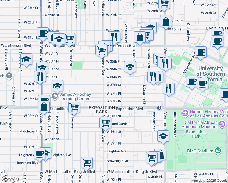 map of restaurants, bars, coffee shops, grocery stores, and more near 1348 West 37th Place in Los Angeles