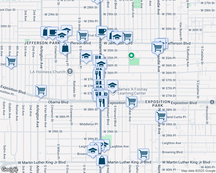 map of restaurants, bars, coffee shops, grocery stores, and more near 1653 West 37th Place in Los Angeles