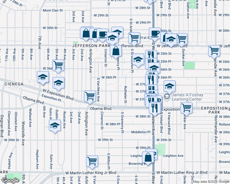 map of restaurants, bars, coffee shops, grocery stores, and more near 3733 South Gramercy Place in Los Angeles