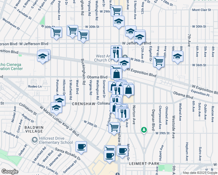 map of restaurants, bars, coffee shops, grocery stores, and more near 3697 South Victoria Avenue in Los Angeles