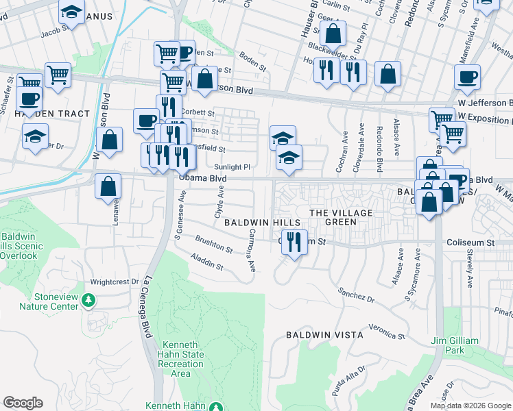 map of restaurants, bars, coffee shops, grocery stores, and more near 3650 Carmona Avenue in Los Angeles
