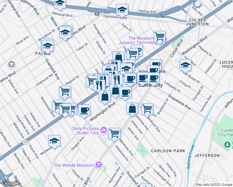 map of restaurants, bars, coffee shops, grocery stores, and more near 10201 Washington Boulevard in Culver City