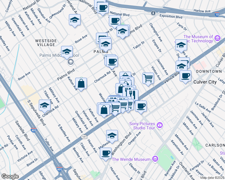 map of restaurants, bars, coffee shops, grocery stores, and more near 3670 Glendon Avenue in Los Angeles