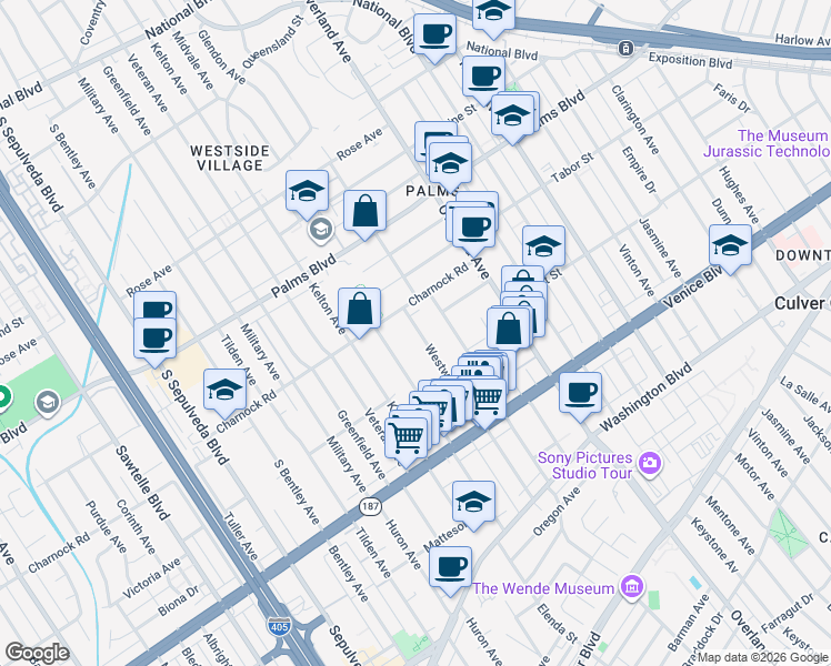 map of restaurants, bars, coffee shops, grocery stores, and more near 3624 Midvale Avenue in Los Angeles