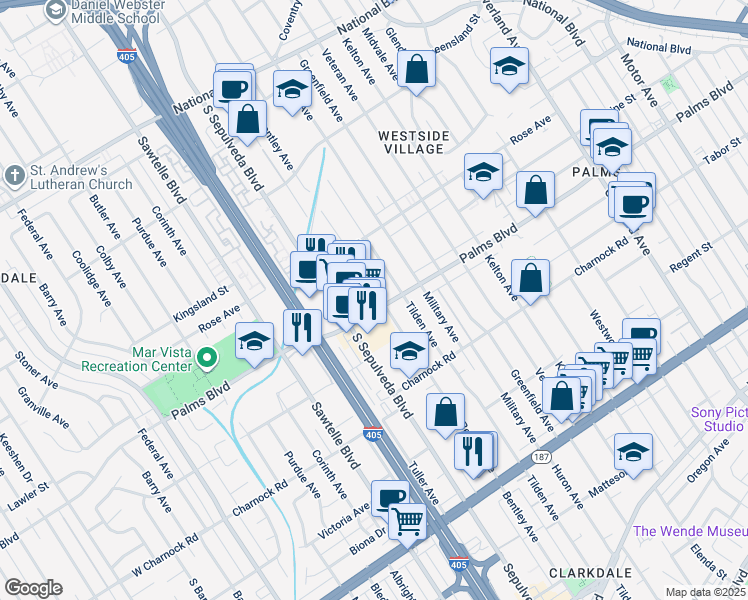 map of restaurants, bars, coffee shops, grocery stores, and more near 3475 South Bentley Avenue in Los Angeles