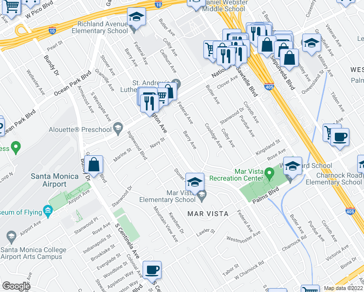 map of restaurants, bars, coffee shops, grocery stores, and more near 3201 Barry Avenue in Los Angeles