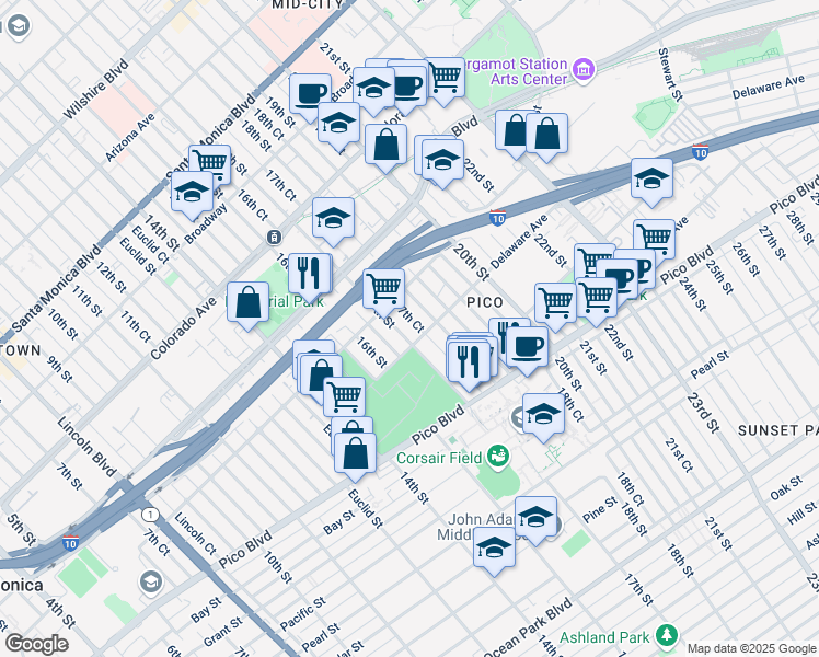 map of restaurants, bars, coffee shops, grocery stores, and more near 1123 17th Court in Santa Monica