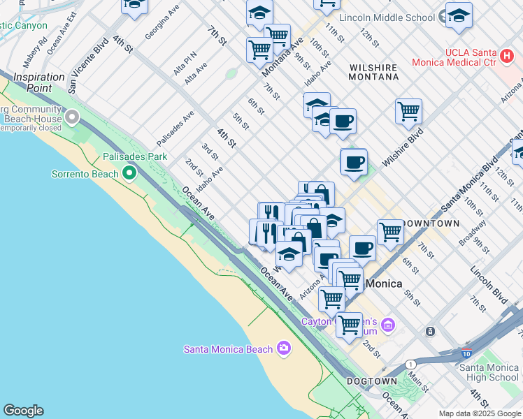 map of restaurants, bars, coffee shops, grocery stores, and more near 1044 3rd Street in Santa Monica