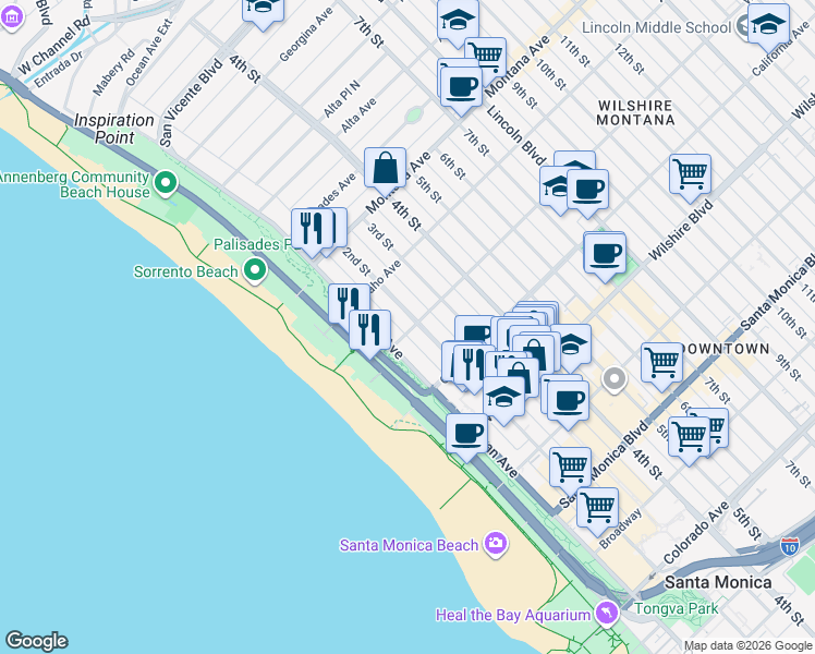 map of restaurants, bars, coffee shops, grocery stores, and more near 951 Ocean Avenue in Santa Monica
