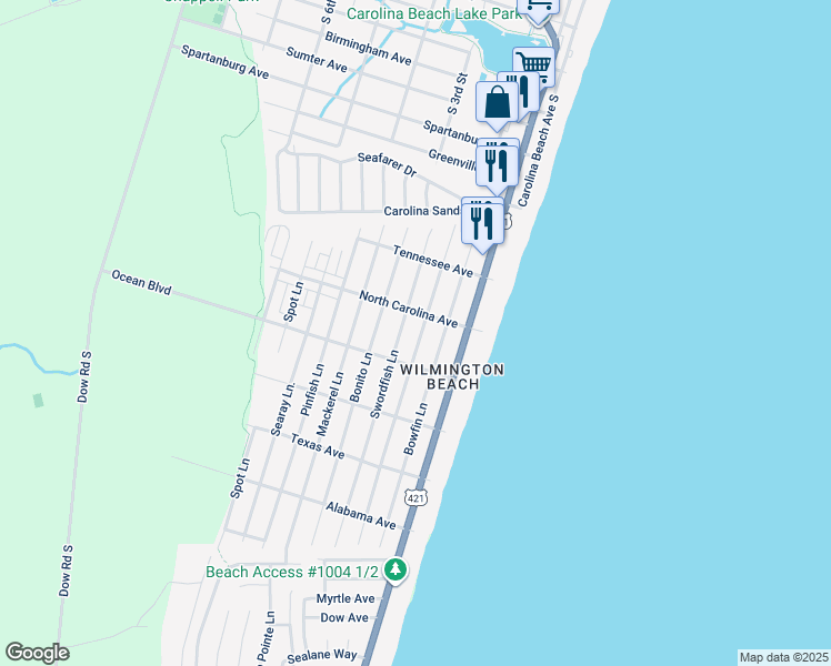 map of restaurants, bars, coffee shops, grocery stores, and more near 1309 Snapper Lane in Carolina Beach