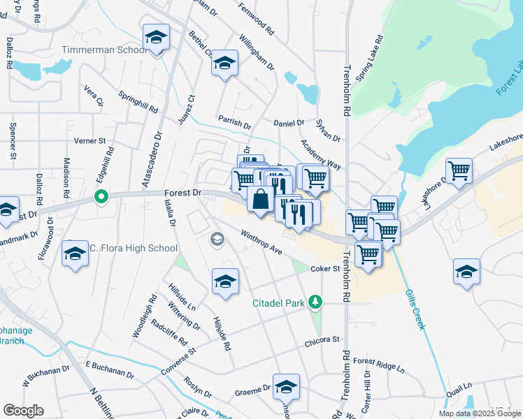 map of restaurants, bars, coffee shops, grocery stores, and more near 4600 Forest Drive in Columbia