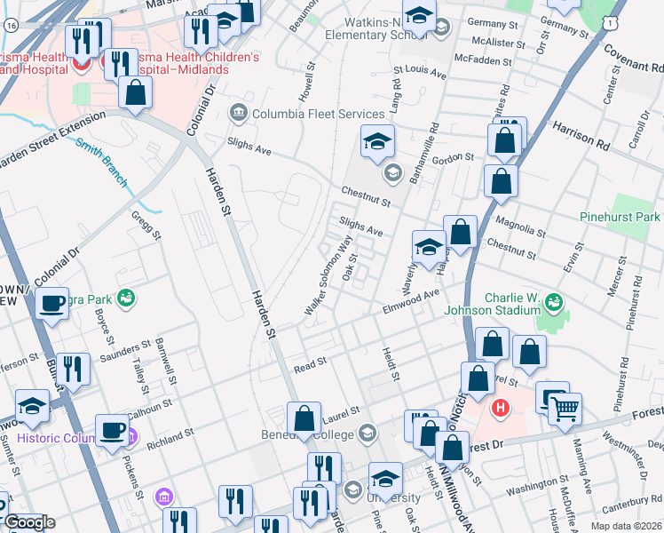 map of restaurants, bars, coffee shops, grocery stores, and more near 2145 Oak Street in Columbia