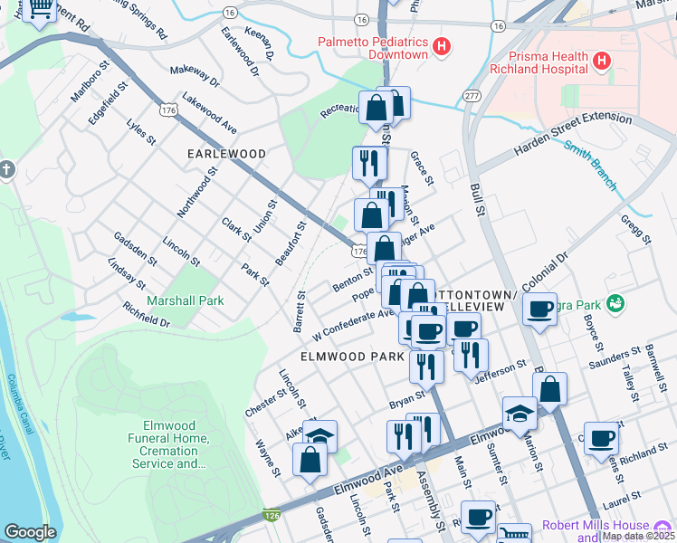 map of restaurants, bars, coffee shops, grocery stores, and more near 1020 Cedar Street in Columbia