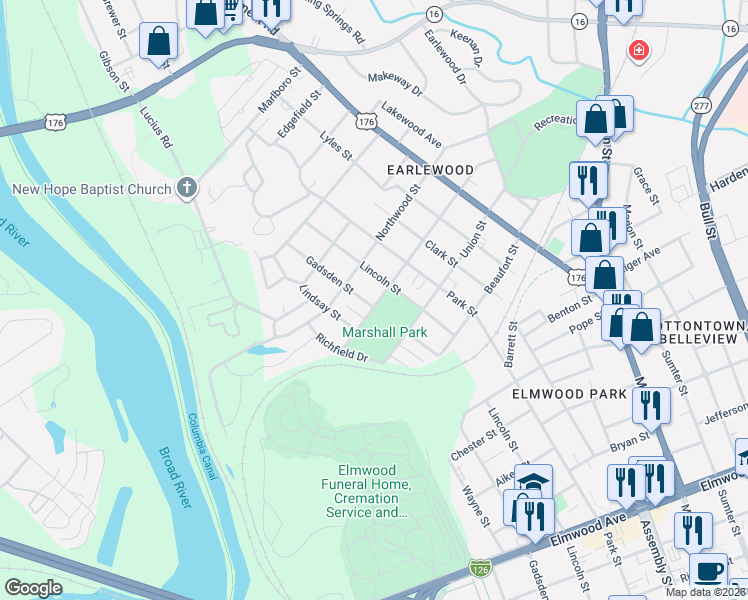 map of restaurants, bars, coffee shops, grocery stores, and more near 3001 Gadsden Street in Columbia